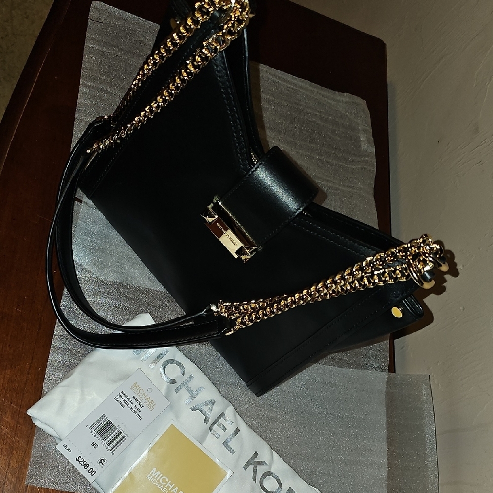 Michael Kors Black Small Chain Shoulder Tote with Gold Hardware
